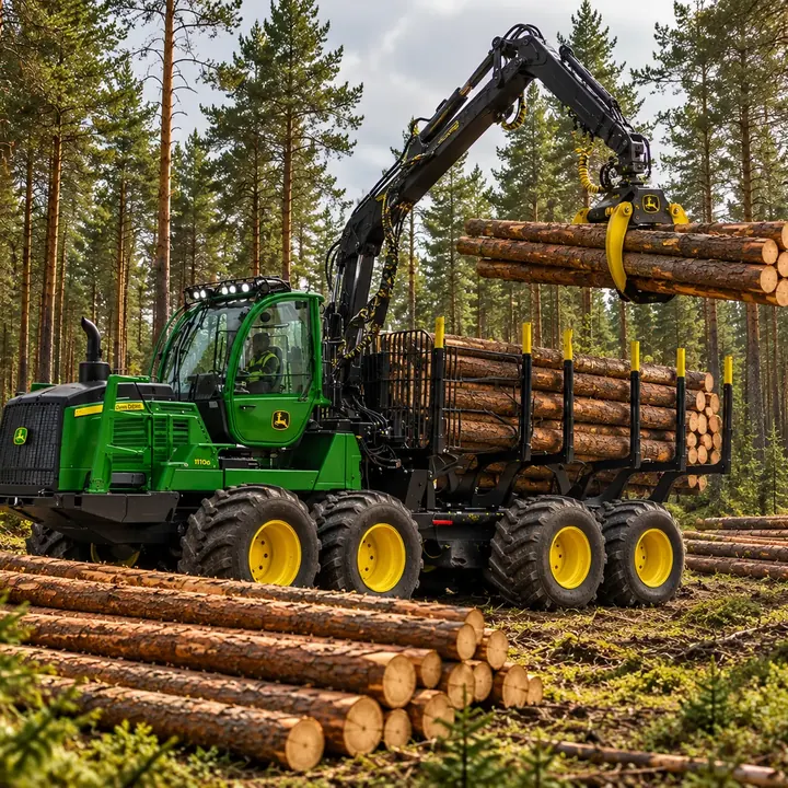 Mežizstrādes tehnika un sagatavoti baļķi mežā